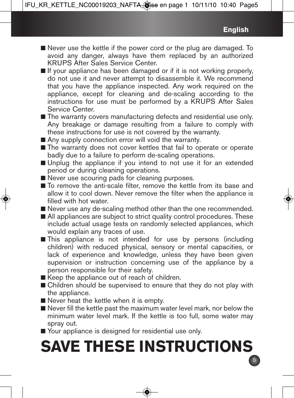 Save these instructions | Krups BW600 User Manual | Page 5 / 36