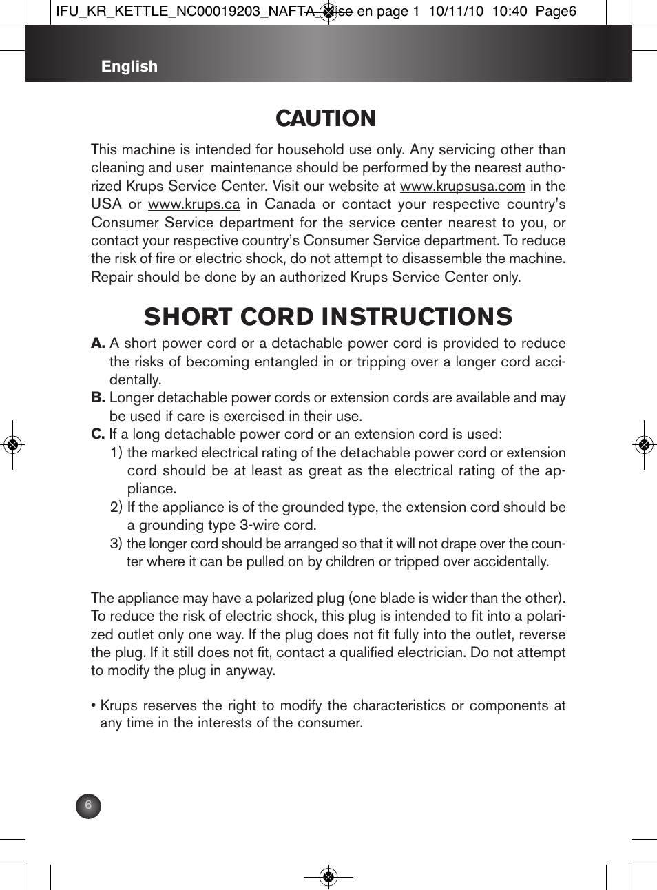 Short cord instructions, Caution | Krups BW600 User Manual | Page 6 / 36