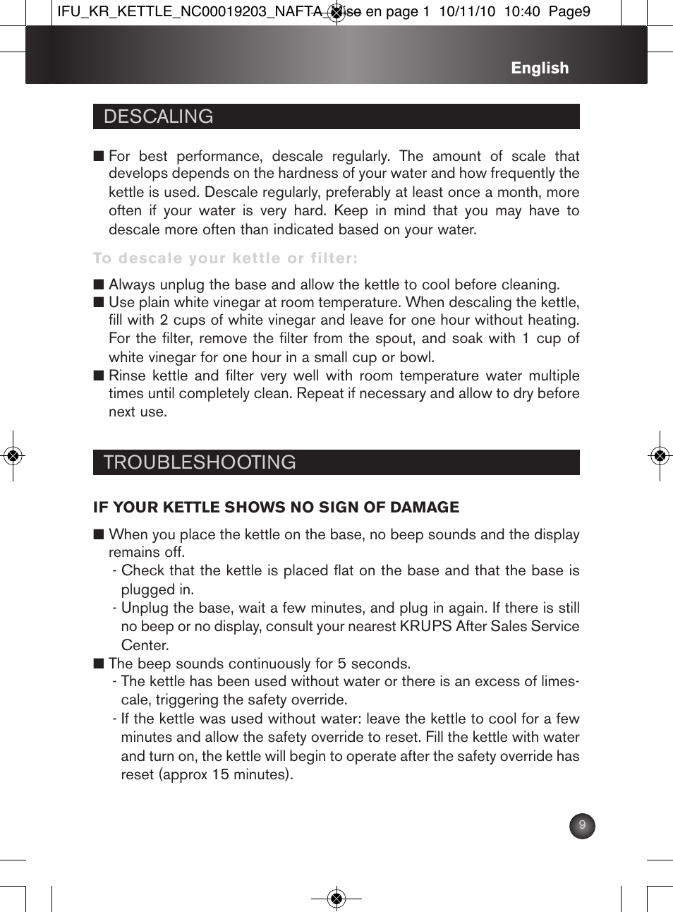 Descaling, Troubleshooting | Krups BW600 User Manual | Page 9 / 36