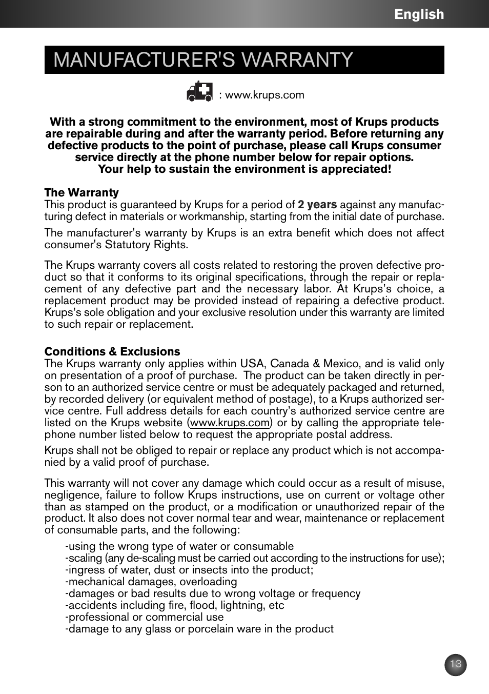 Manufacturer's warranty, English | Krups ZX7000 User Manual | Page 12 / 34