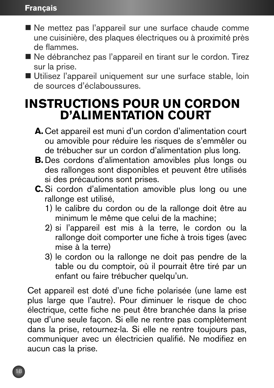 Instructions pour un cordon d’alimentation court | Krups ZX7000 User Manual | Page 17 / 34