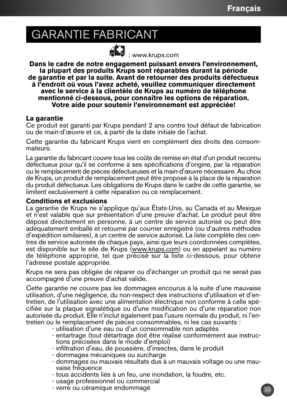 Garantie fabricant, Français | Krups ZX7000 User Manual | Page 22 / 34