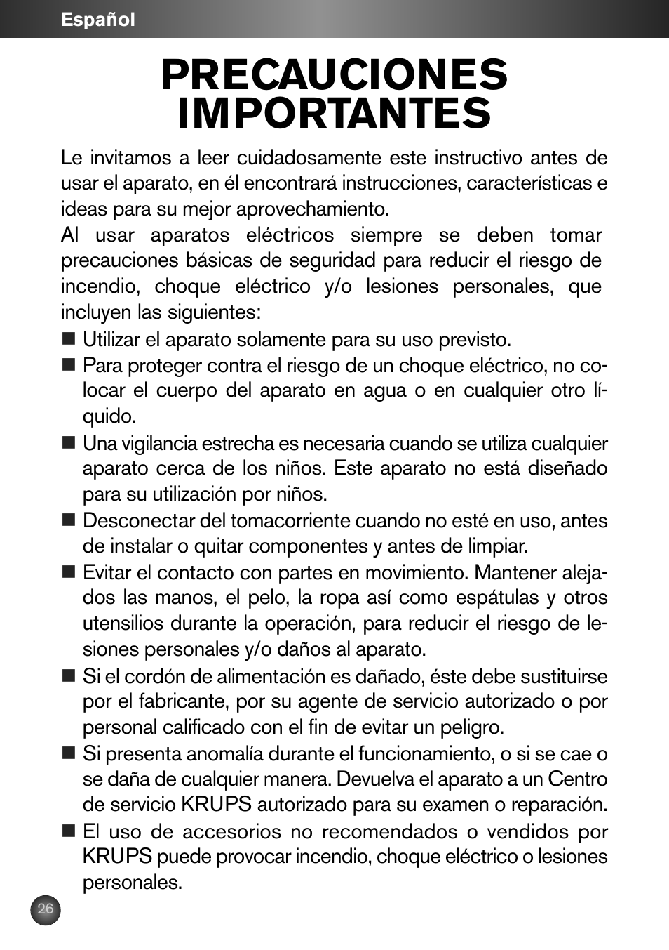 Precauciones importantes | Krups ZX7000 User Manual | Page 25 / 34