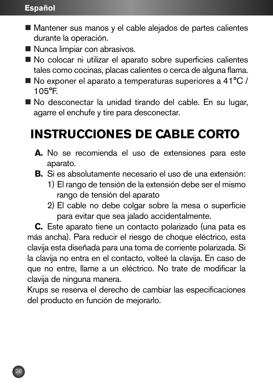 Instrucciones de cable corto | Krups ZX7000 User Manual | Page 27 / 34