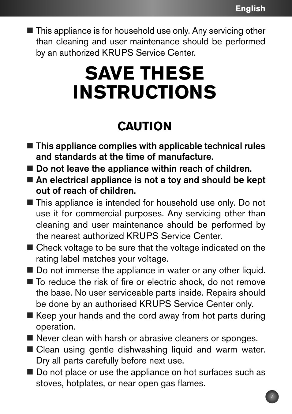 Save these instructions, Caution | Krups ZX7000 User Manual | Page 6 / 34