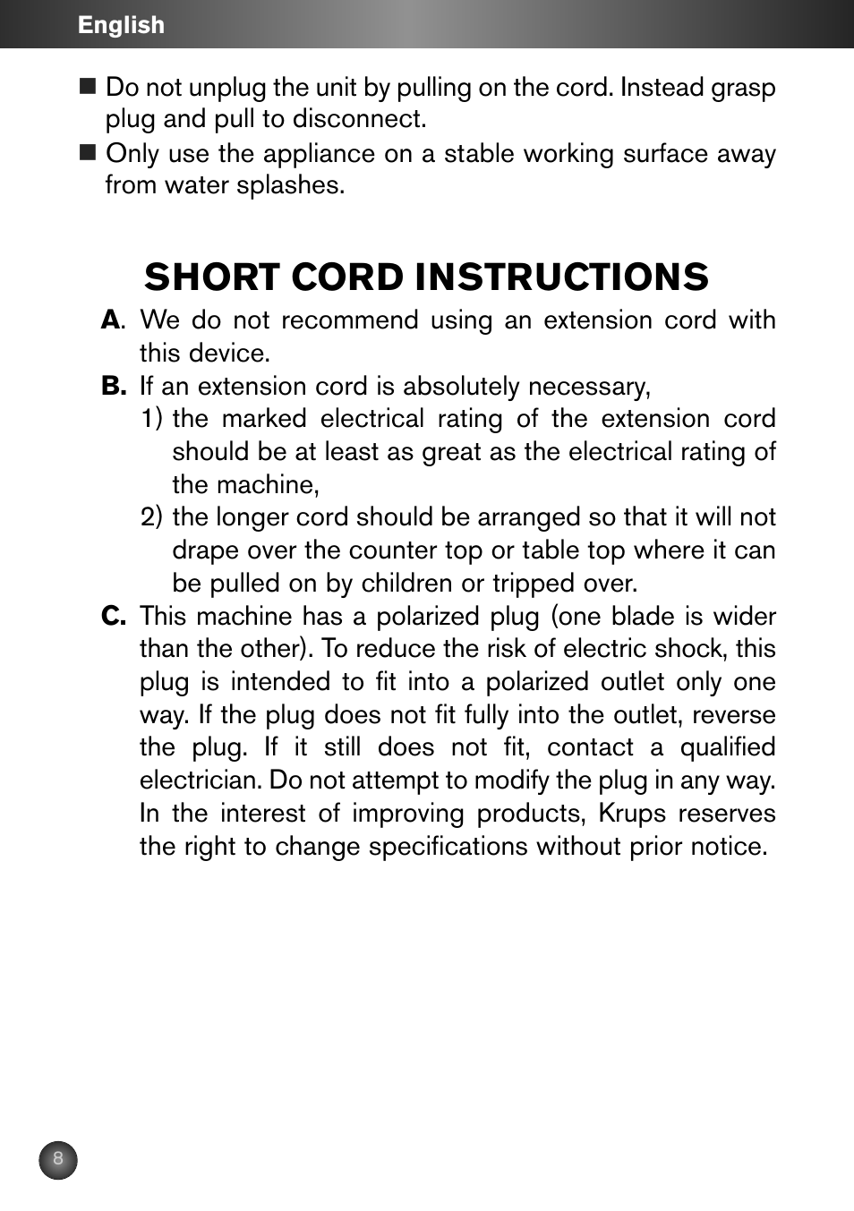 Short cord instructions | Krups ZX7000 User Manual | Page 7 / 34