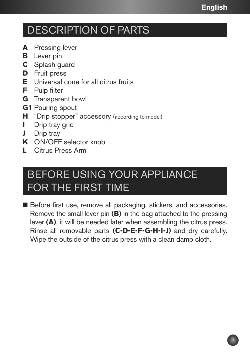 Description of parts, Before using your appliance for the first time | Krups ZX7000 User Manual | Page 8 / 34