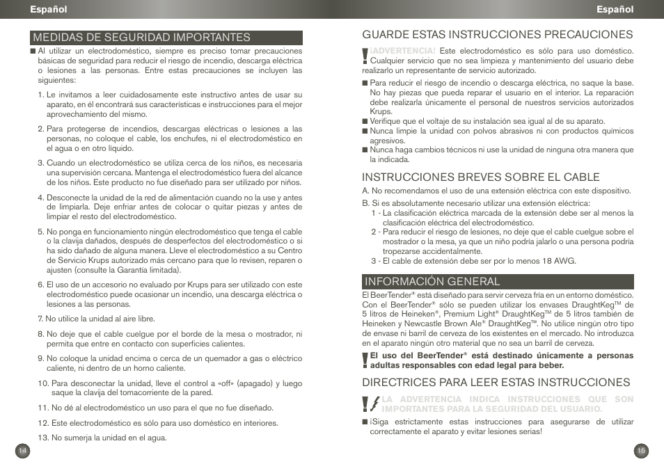 Medidas de seguridad importantes, Guarde estas instrucciones precauciones, Instrucciones breves sobre el cable | Información general, Directrices para leer estas instrucciones | Krups BEERTENDER VB2158 User Manual | Page 10 / 21