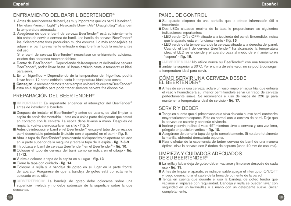 Enfriamiento del barril beertender, Preparación del beertender, Panel de control | Cómo servir una cerveza desde el beertender, Servir y beber, Limpieza y cuidados adecuados de su beertender | Krups BEERTENDER VB2158 User Manual | Page 12 / 21