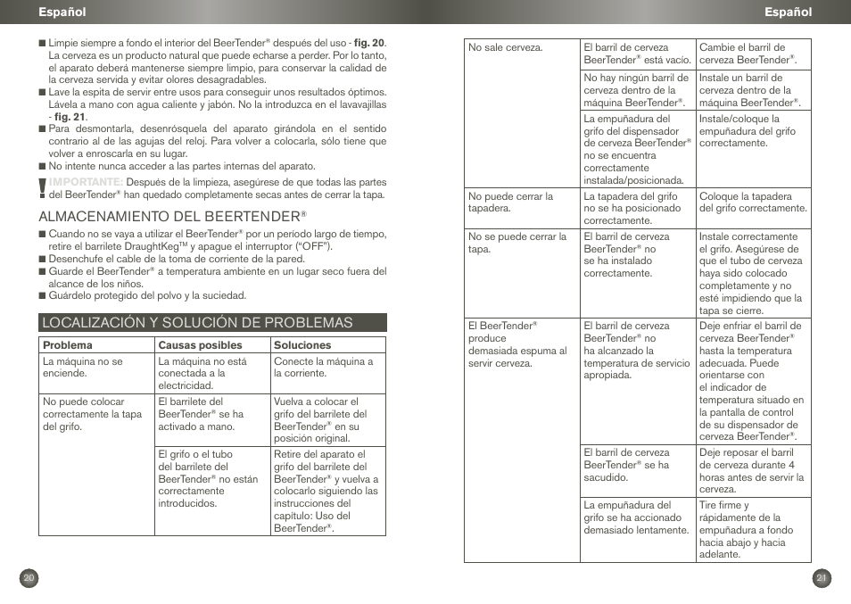 Almacenamiento del beertender, Localización y solución de problemas | Krups BEERTENDER VB2158 User Manual | Page 13 / 21