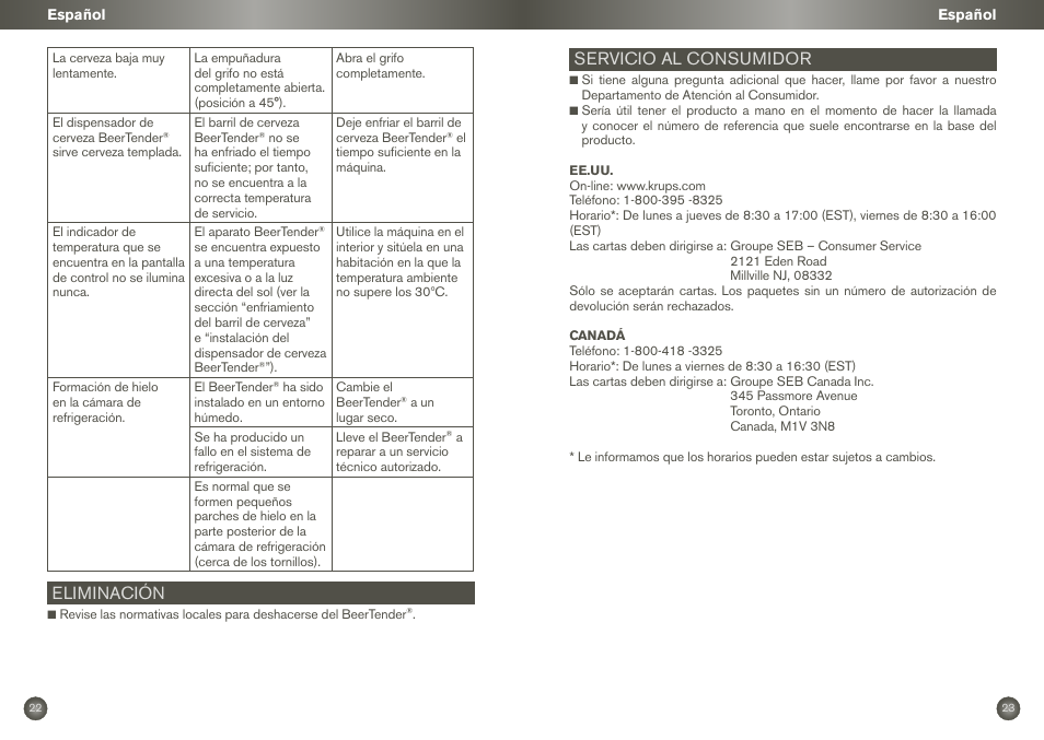 Eliminación, Servicio al consumidor | Krups BEERTENDER VB2158 User Manual | Page 14 / 21