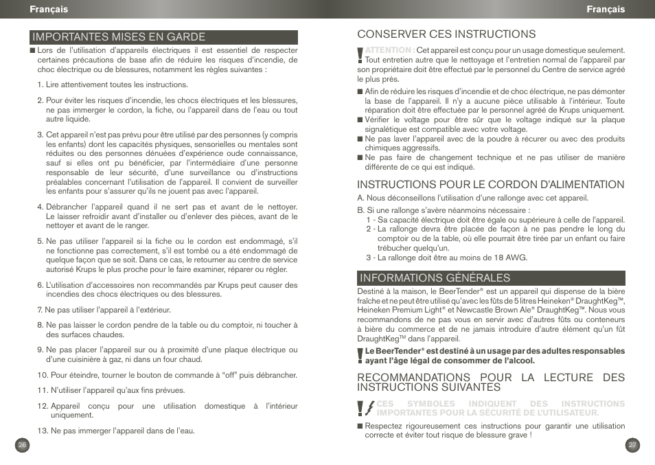 Importantes mises en garde, Conserver ces instructions, Instructions pour le cordon d’alimentation | Informations générales | Krups BEERTENDER VB2158 User Manual | Page 16 / 21