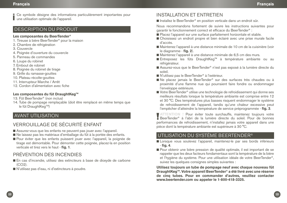 Description du produit, Avant utilisation verrouillage de sécurité enfant, Prévention des incendies | Installation et entretien, Utilisation du système beertender | Krups BEERTENDER VB2158 User Manual | Page 17 / 21