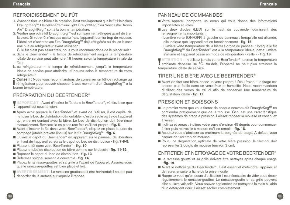 Refroidissement du fût, Préparation du beertender, Panneau de commandes | Tirer une bière avec le beertender, Pression et boissons, Entretien et nettoyage de votre beertender | Krups BEERTENDER VB2158 User Manual | Page 18 / 21
