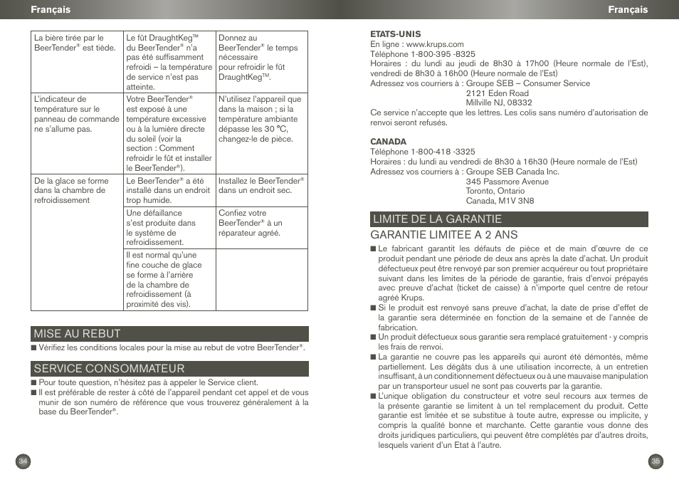 Mise au rebut, Service consommateur, Limite de la garantie garantie limitee a 2 ans | Krups BEERTENDER VB2158 User Manual | Page 20 / 21