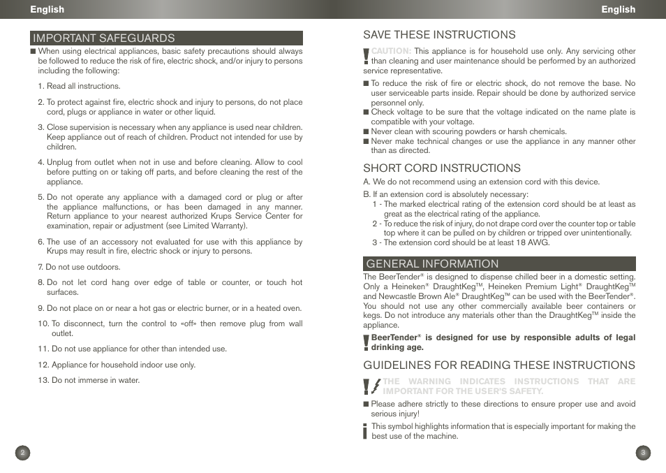 Important safeguards, Save these instructions, Short cord instructions | General information, Guidelines for reading these instructions | Krups BEERTENDER VB2158 User Manual | Page 4 / 21