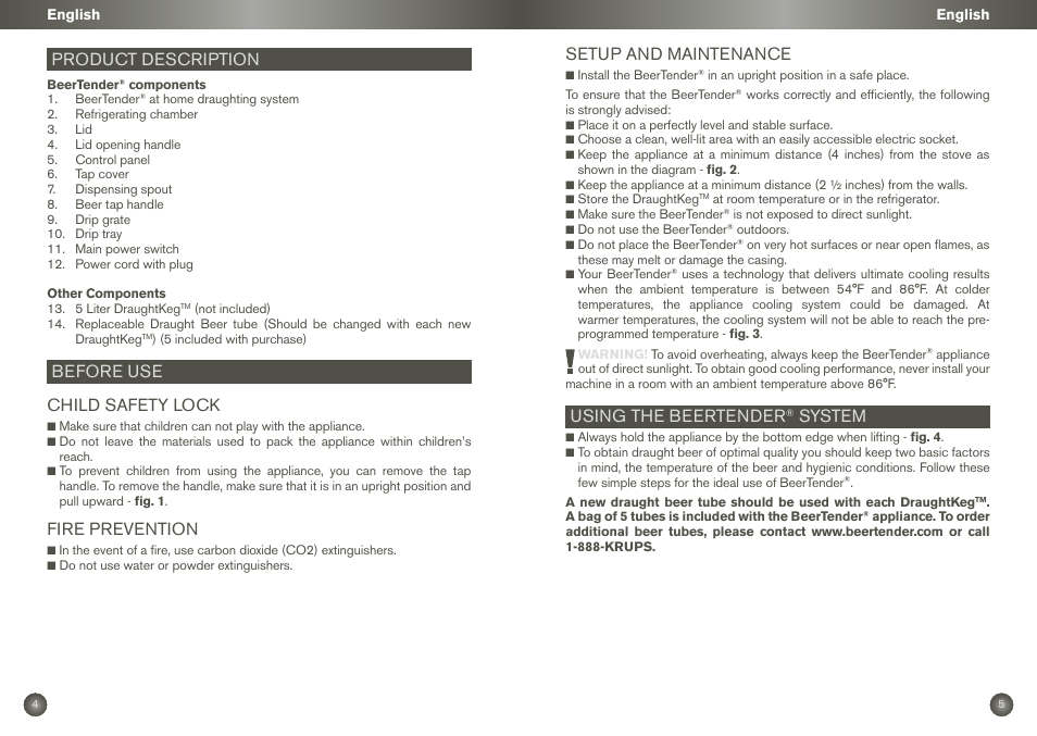 Product description, Before use child safety lock, Fire prevention | Setup and maintenance, Using the beertender, System | Krups BEERTENDER VB2158 User Manual | Page 5 / 21