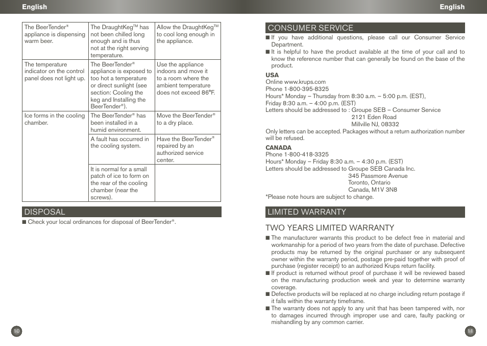 Disposal, Consumer service, Limited warranty two years limited warranty | Krups BEERTENDER VB2158 User Manual | Page 8 / 21