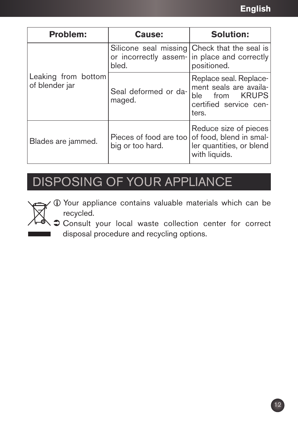 Disposing of your appliance | Krups KB790 User Manual | Page 15 / 50