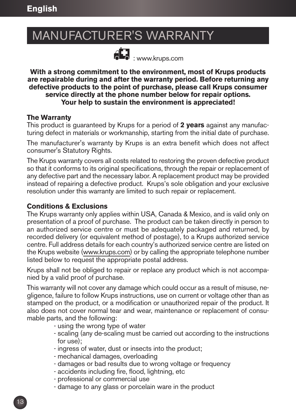 Manufacturer's warranty, English | Krups KB790 User Manual | Page 16 / 50