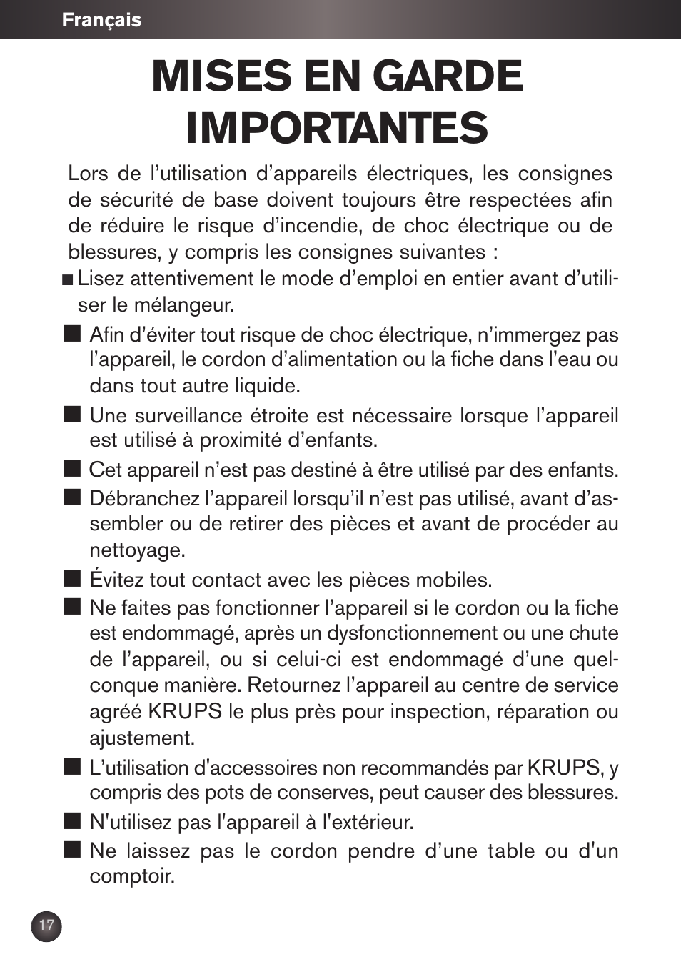 Mises en garde importantes | Krups KB790 User Manual | Page 20 / 50