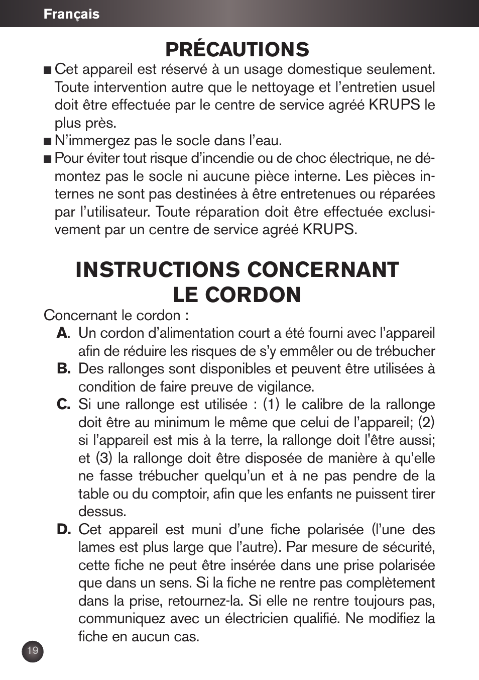 Instructions concernant le cordon, Précautions | Krups KB790 User Manual | Page 22 / 50