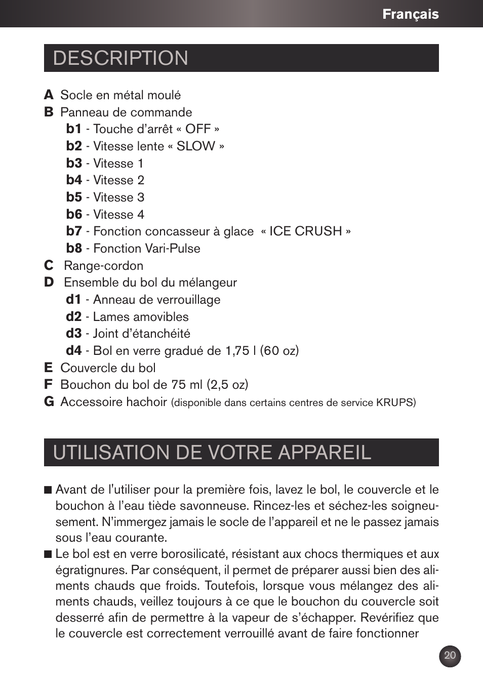 Description, Utilisation de votre appareil | Krups KB790 User Manual | Page 23 / 50