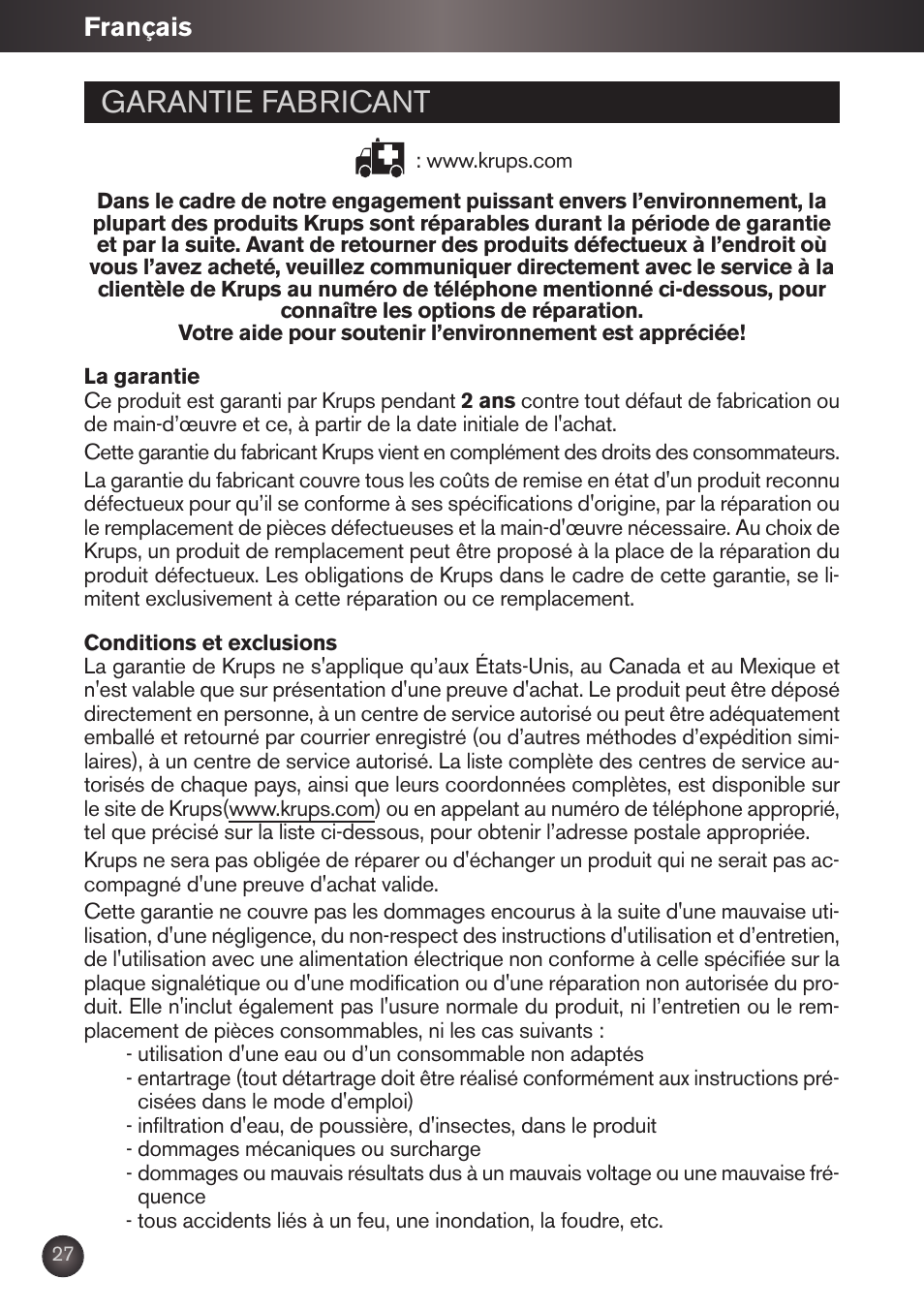 Garantie fabricant, Français | Krups KB790 User Manual | Page 30 / 50