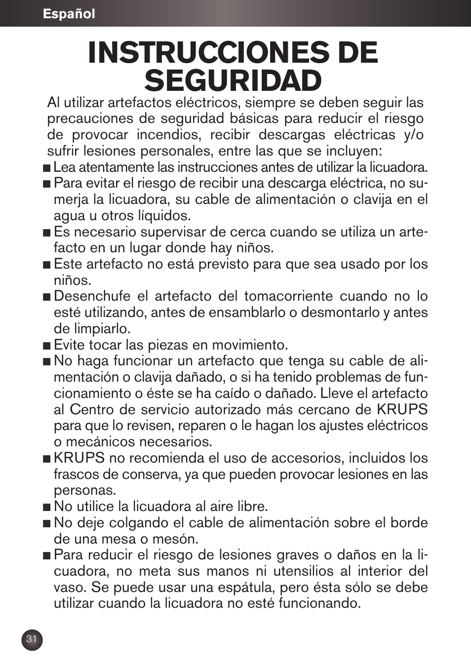 Instrucciones de seguridad | Krups KB790 User Manual | Page 34 / 50