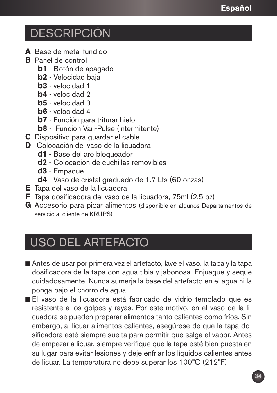 Descripción, Uso del artefacto | Krups KB790 User Manual | Page 37 / 50