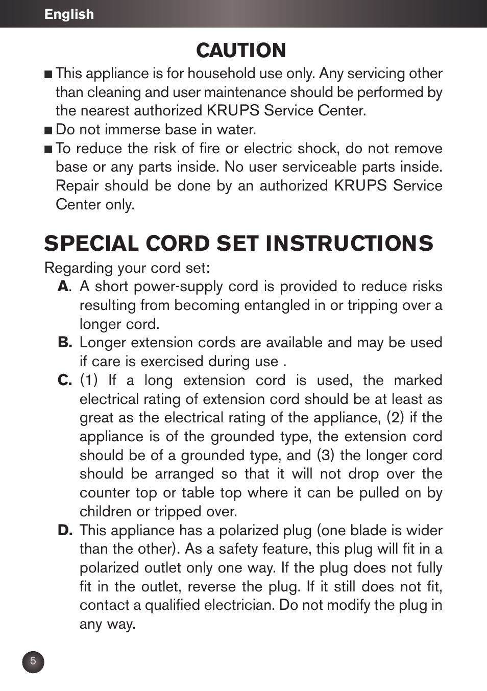 Special cord set instructions, Caution | Krups KB790 User Manual | Page 8 / 50