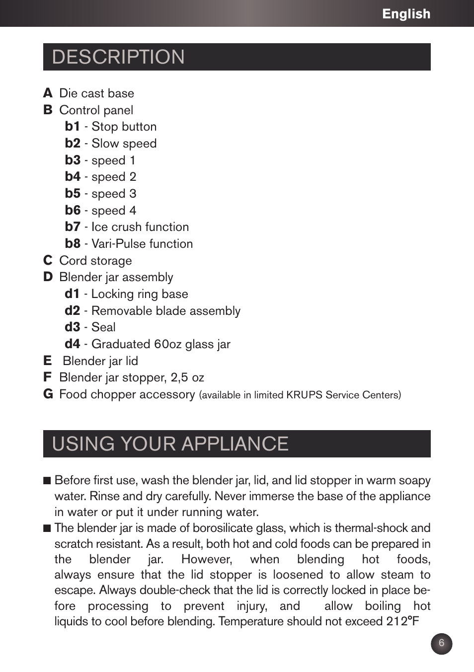 Description, Using your appliance | Krups KB790 User Manual | Page 9 / 50