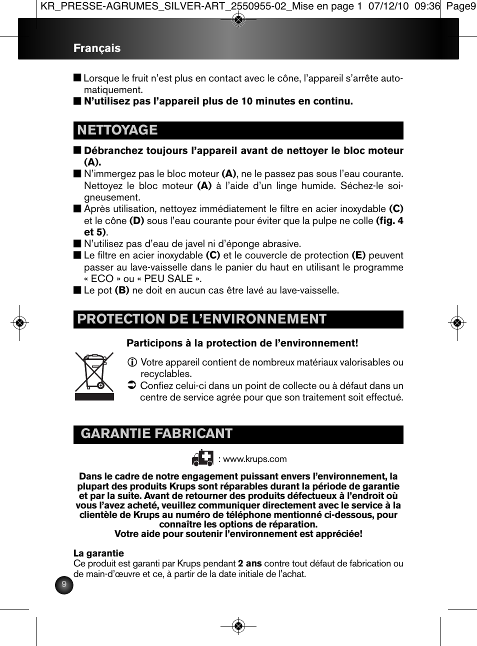 Nettoyage, Protection de l’environnement, Garantie fabricant | Krups 2550955-02 User Manual | Page 10 / 18