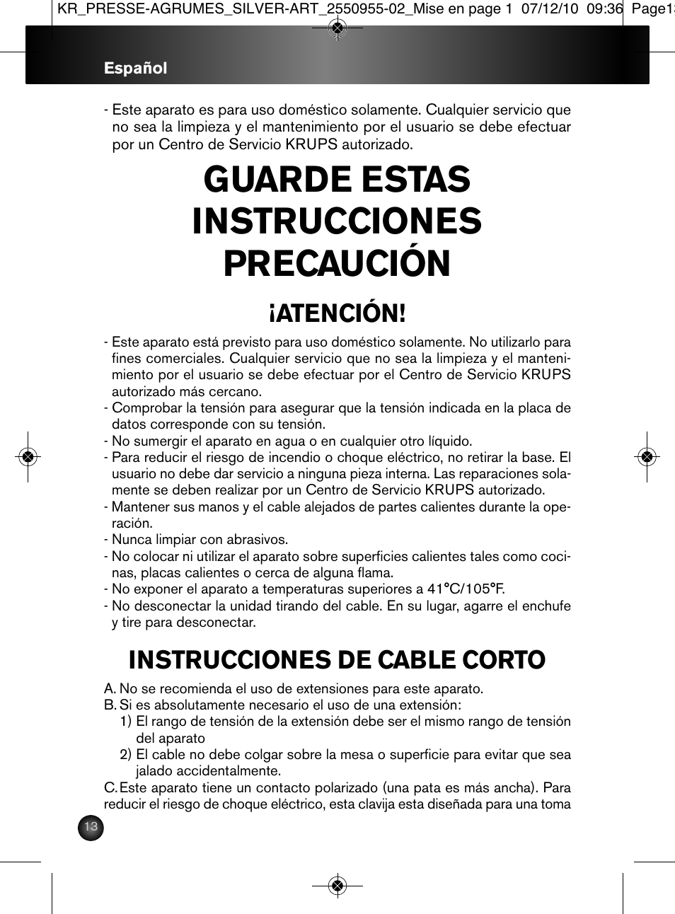 Guarde estas instrucciones precaución, Atención, Instrucciones de cable corto | Krups 2550955-02 User Manual | Page 14 / 18