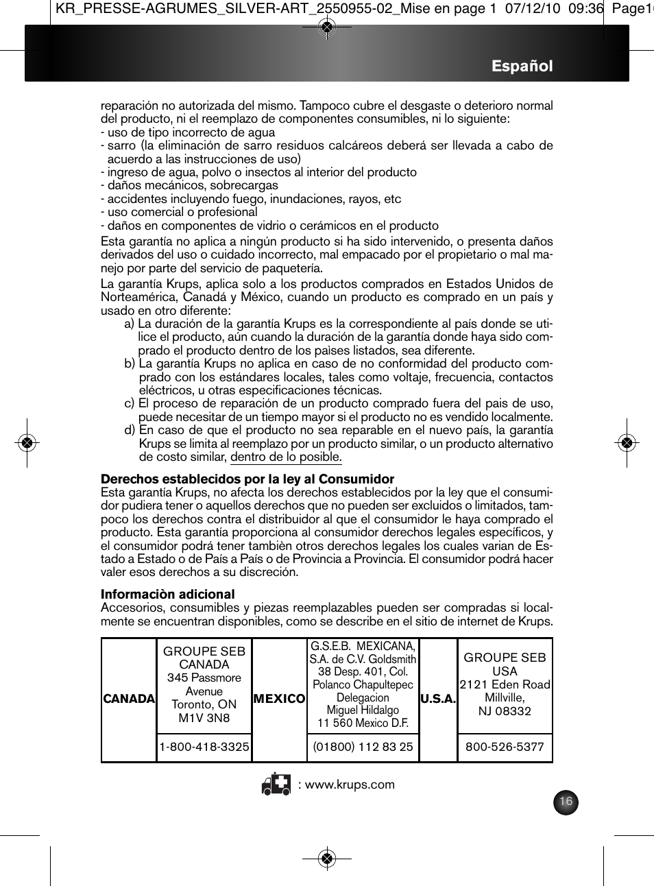 Español | Krups 2550955-02 User Manual | Page 17 / 18