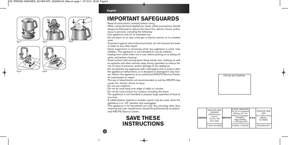 Important safeguards, Save these instructions | Krups 2550955-02 User Manual | Page 2 / 18