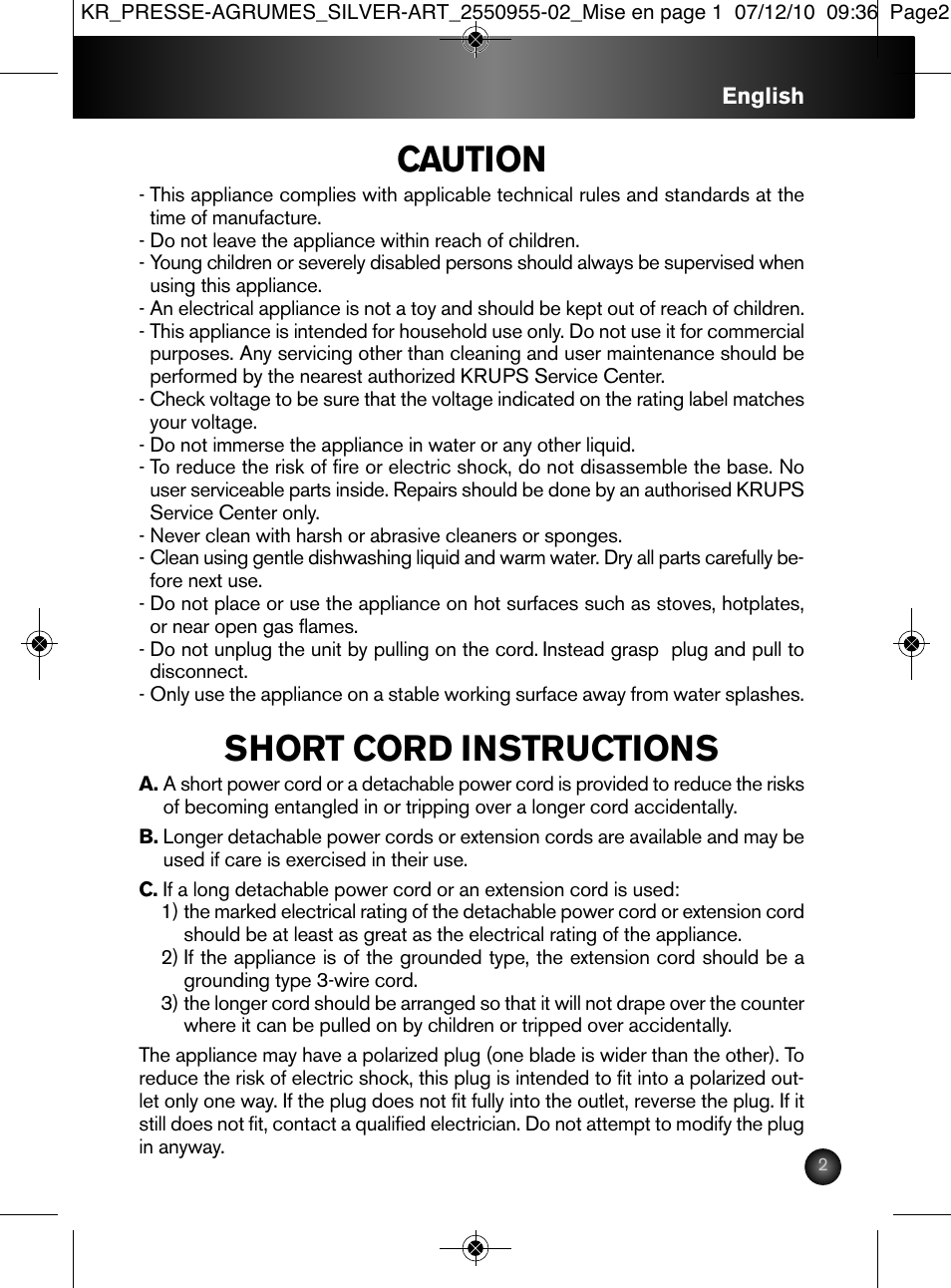 Caution, Short cord instructions | Krups 2550955-02 User Manual | Page 3 / 18