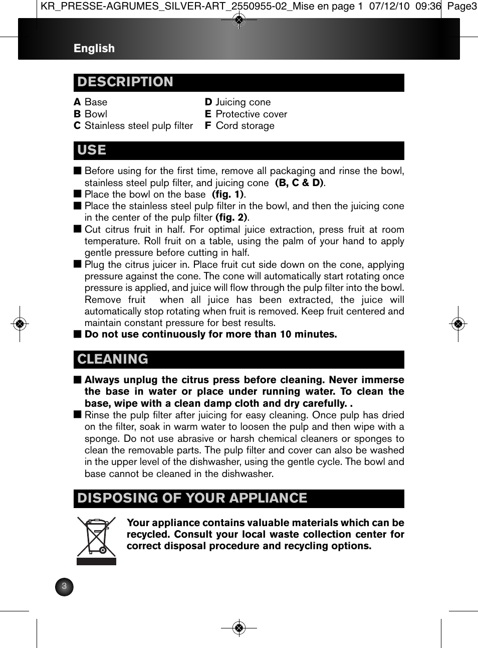 Description use, Cleaning, Disposing of your appliance | Krups 2550955-02 User Manual | Page 4 / 18