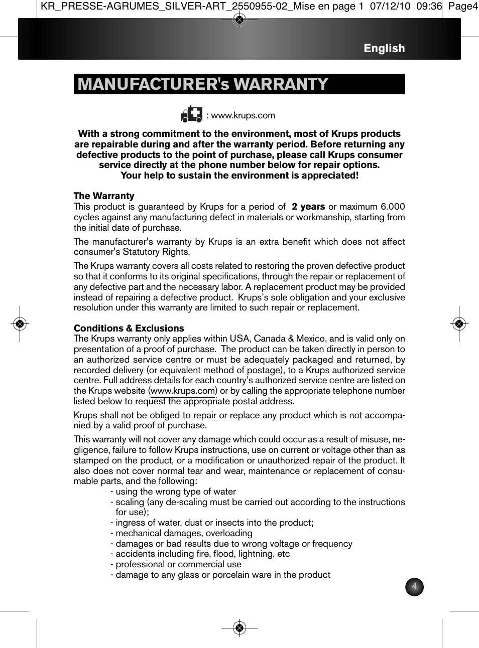 Manufacturer's warranty | Krups 2550955-02 User Manual | Page 5 / 18