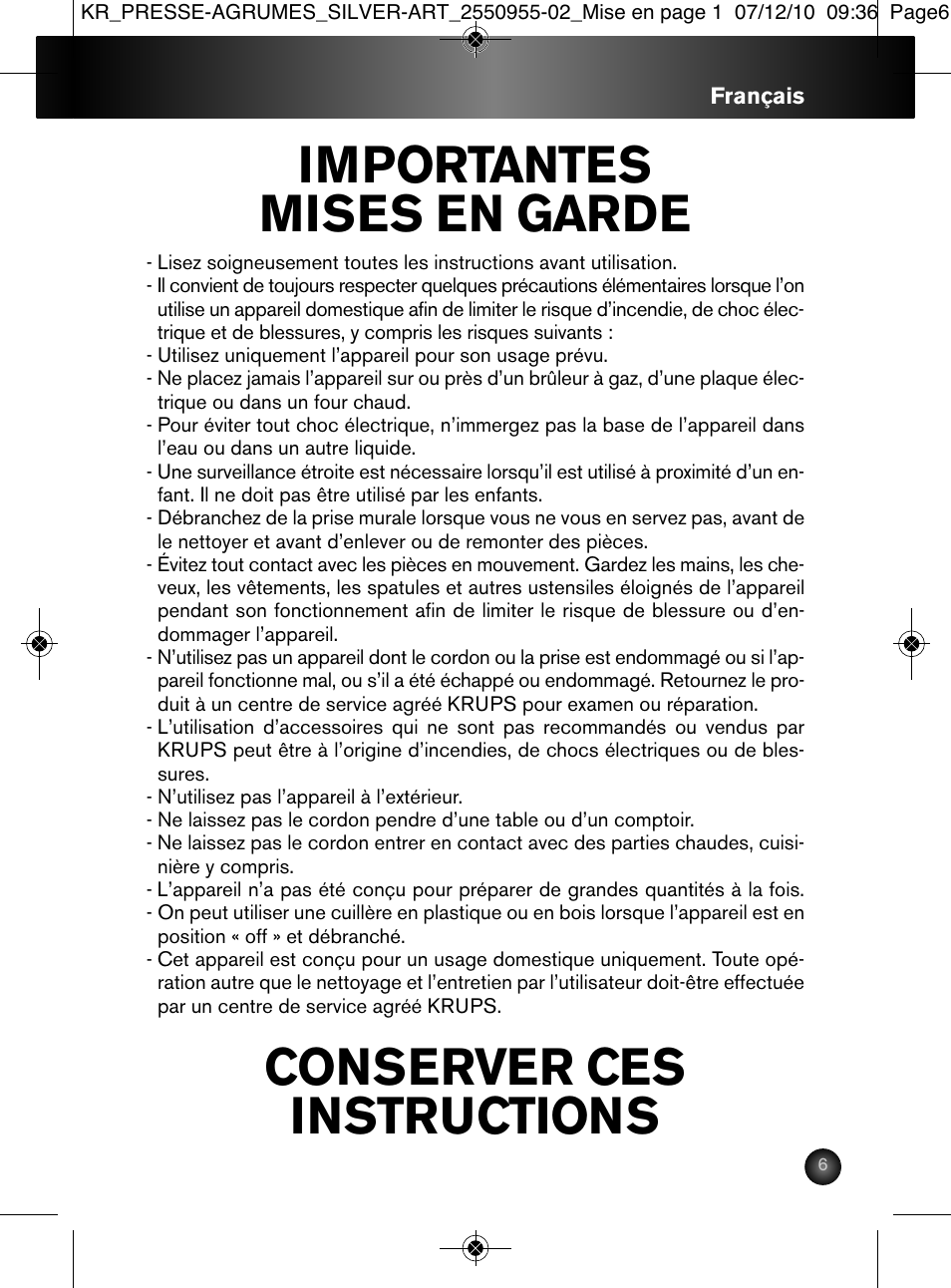 Importantes mises en garde, Conserver ces instructions | Krups 2550955-02 User Manual | Page 7 / 18