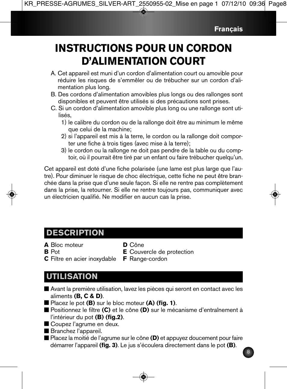 Instructions pour un cordon d’alimentation court, Description utilisation | Krups 2550955-02 User Manual | Page 9 / 18