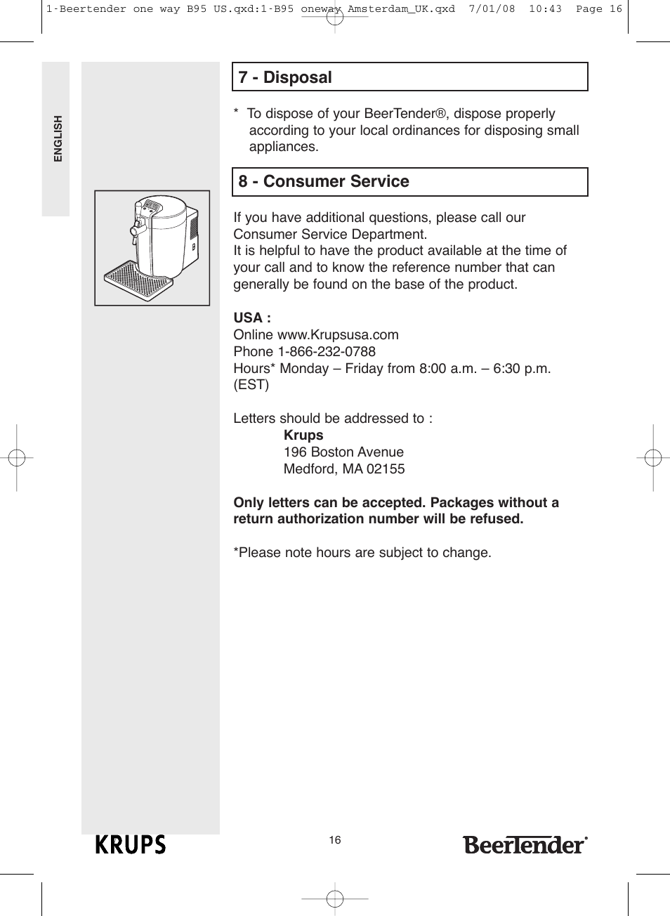 7 - disposal, 8 - consumer service | Krups Beertender B95 User Manual | Page 16 / 20