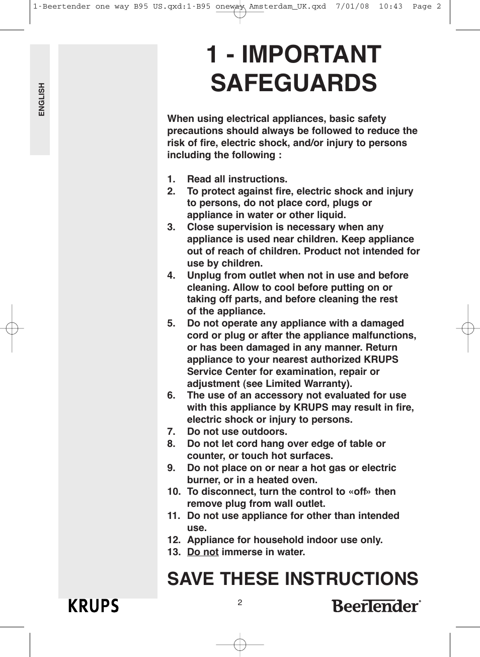 1 - important safeguards, Save these instructions | Krups Beertender B95 User Manual | Page 2 / 20