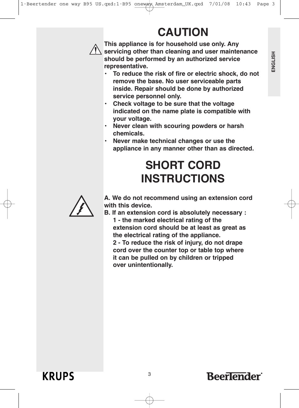 Caution, Short cord instructions | Krups Beertender B95 User Manual | Page 3 / 20