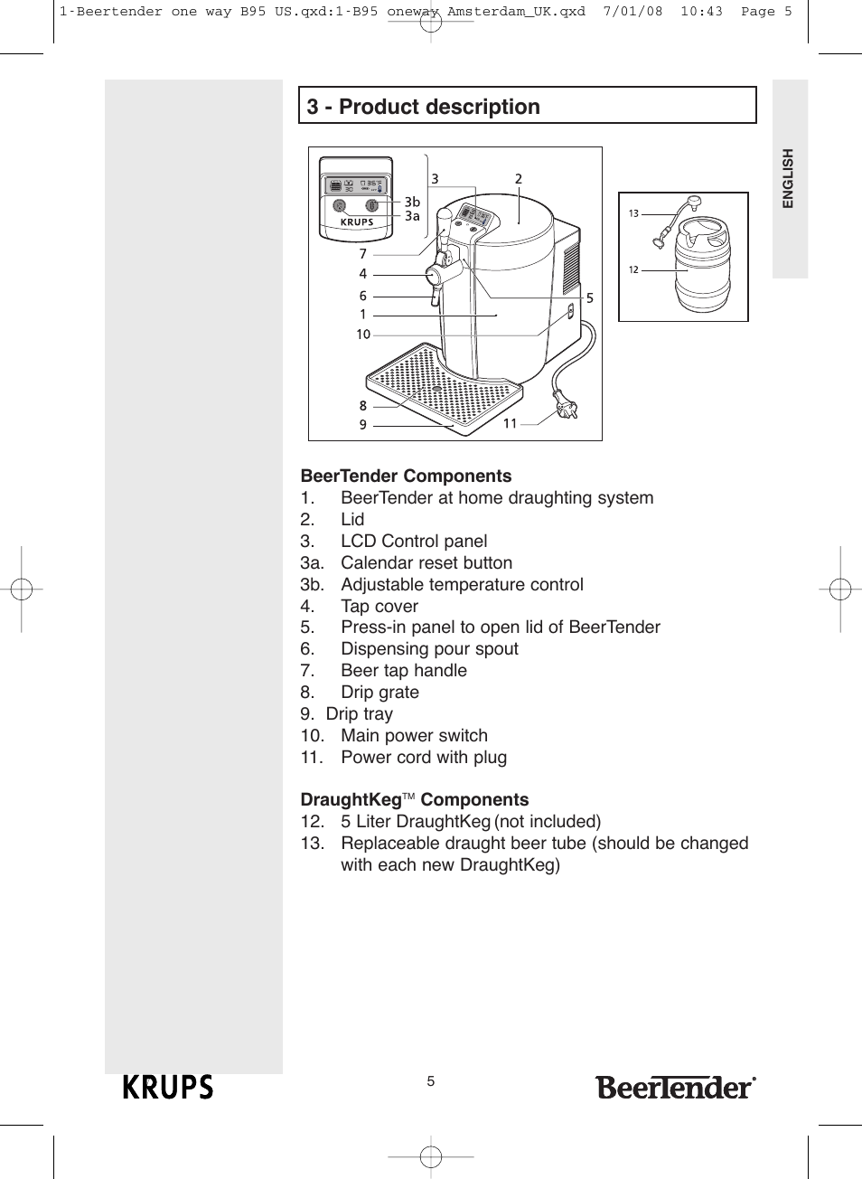 3 - product description | Krups Beertender B95 User Manual | Page 5 / 20