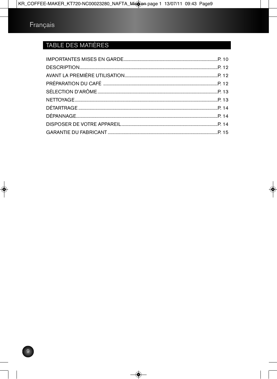Français | Krups Coffee Maker NC00023280 User Manual | Page 10 / 26