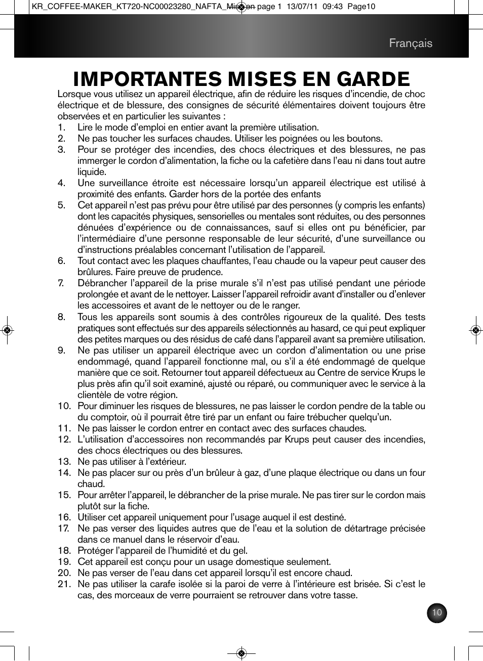 Importantes mises en garde | Krups Coffee Maker NC00023280 User Manual | Page 11 / 26