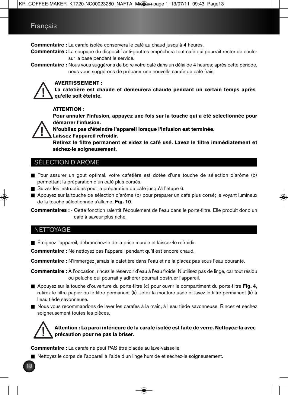 Français, Sélection d’arôme, Nettoyage | Krups Coffee Maker NC00023280 User Manual | Page 14 / 26