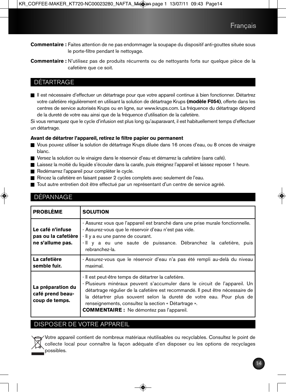 Français | Krups Coffee Maker NC00023280 User Manual | Page 15 / 26