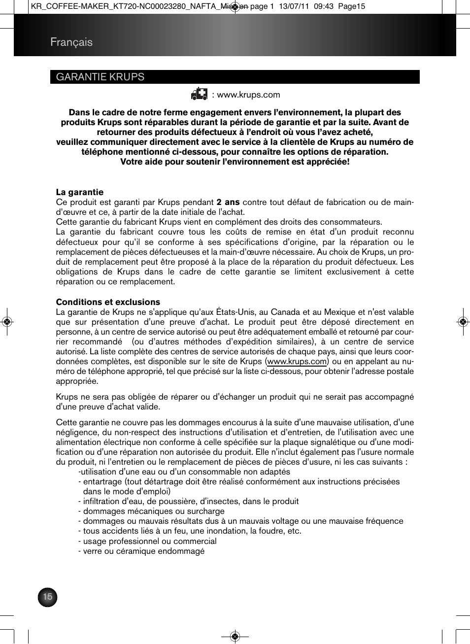 Français | Krups Coffee Maker NC00023280 User Manual | Page 16 / 26